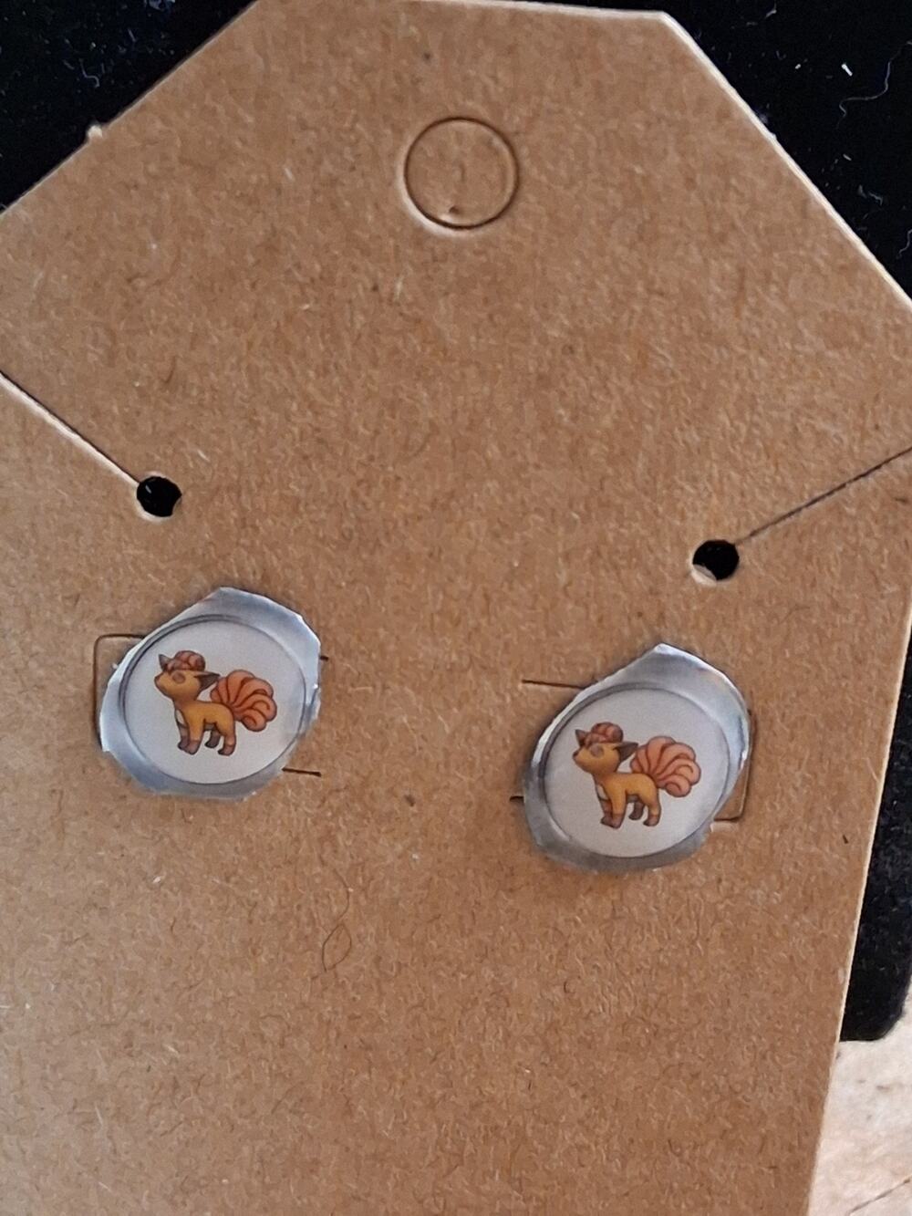 Handmade Orange Vulpix Resin Stud Earrings - Round Fox Design Card Jewelry